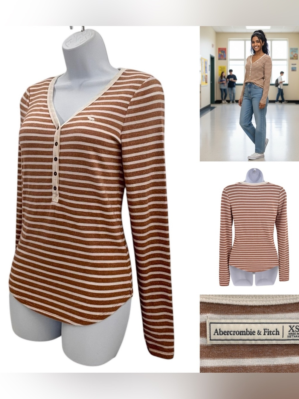 Abercrombie & Fitch Chocolate Brown Striped Henley Top Sz. XS 2010
